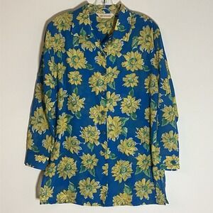 Bechamel Shirt Womens Medium Blue Yellow Floral Button Down Classic Lightweight